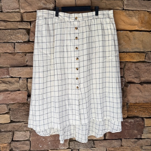 New SONOMA XL LINEN Pull On Button Up Lined White Navy Women's Hi Low Midi Skirt - Picture 2 of 12